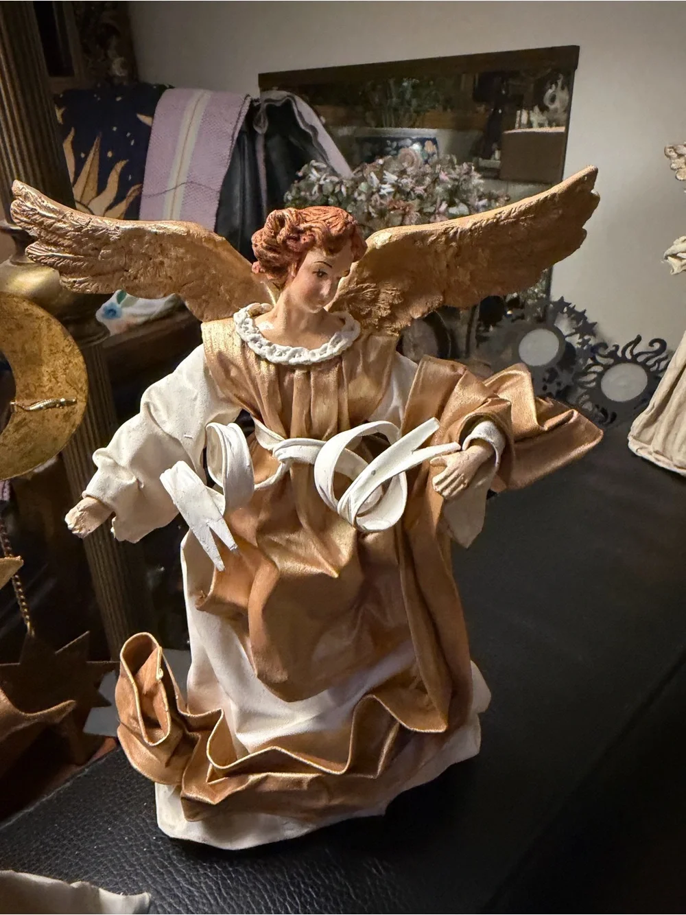 Vtg Pair Cartapesta Christmas Tree Topper Fabric Angel Mache Statue Italy